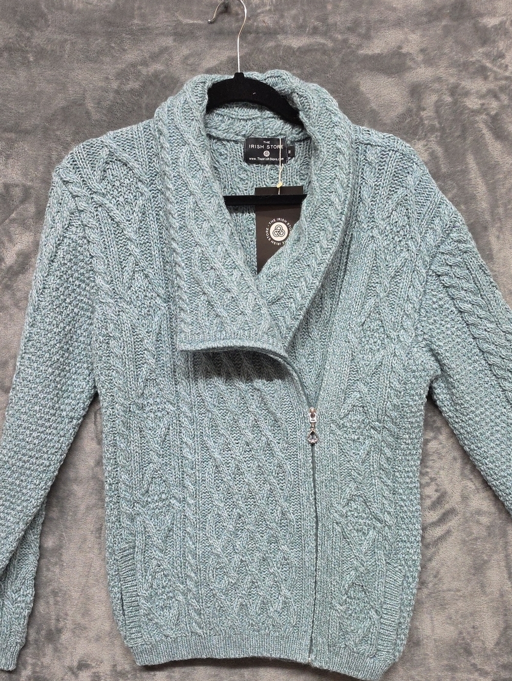 The Irish Store Merino Wool Cable Knit Zip Cardigan - Light Blue sz Med - Picture 1 of 9